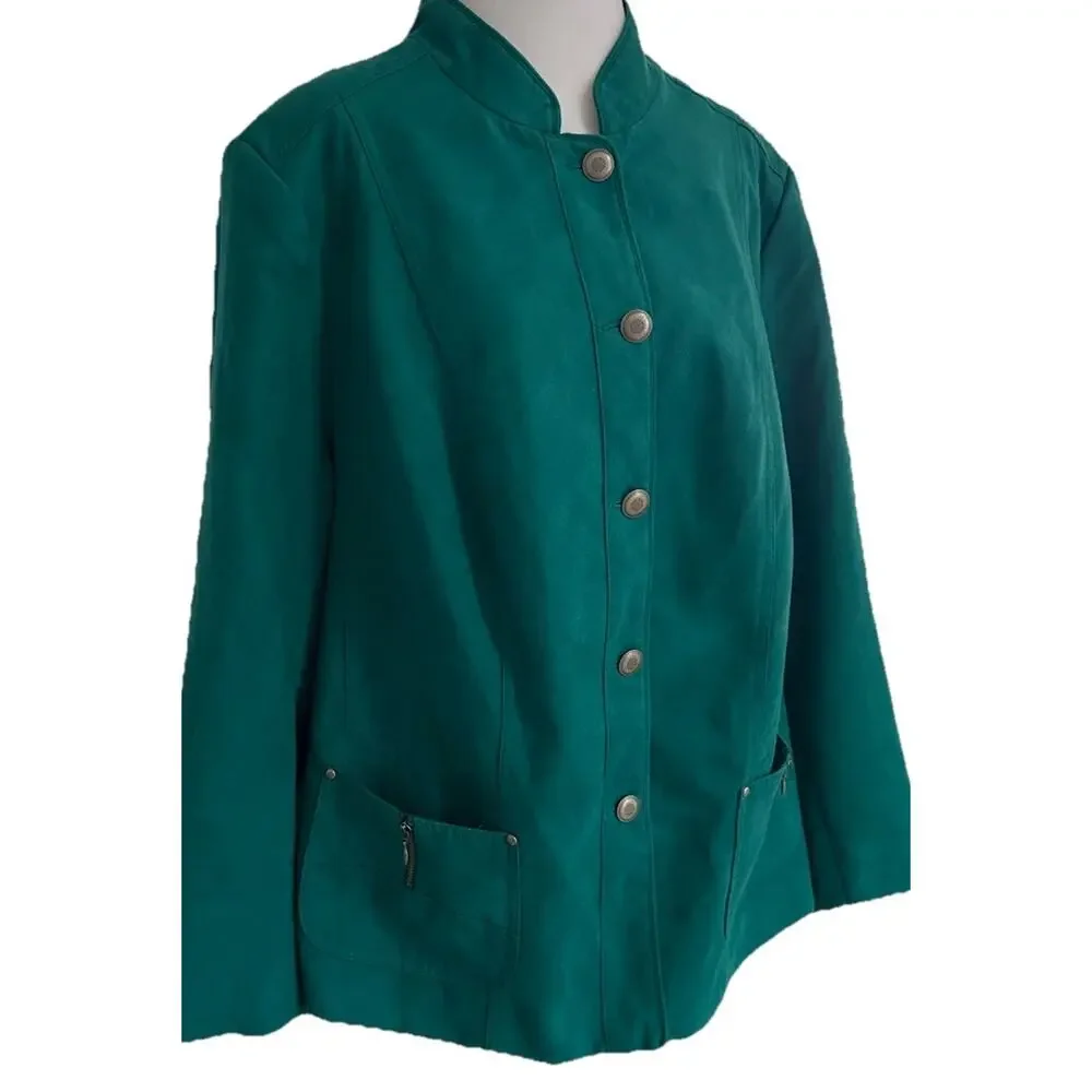VTG 80s faux suede Coat Emerald Green Jacket Asian Blazer Office Soft Comfy 18W